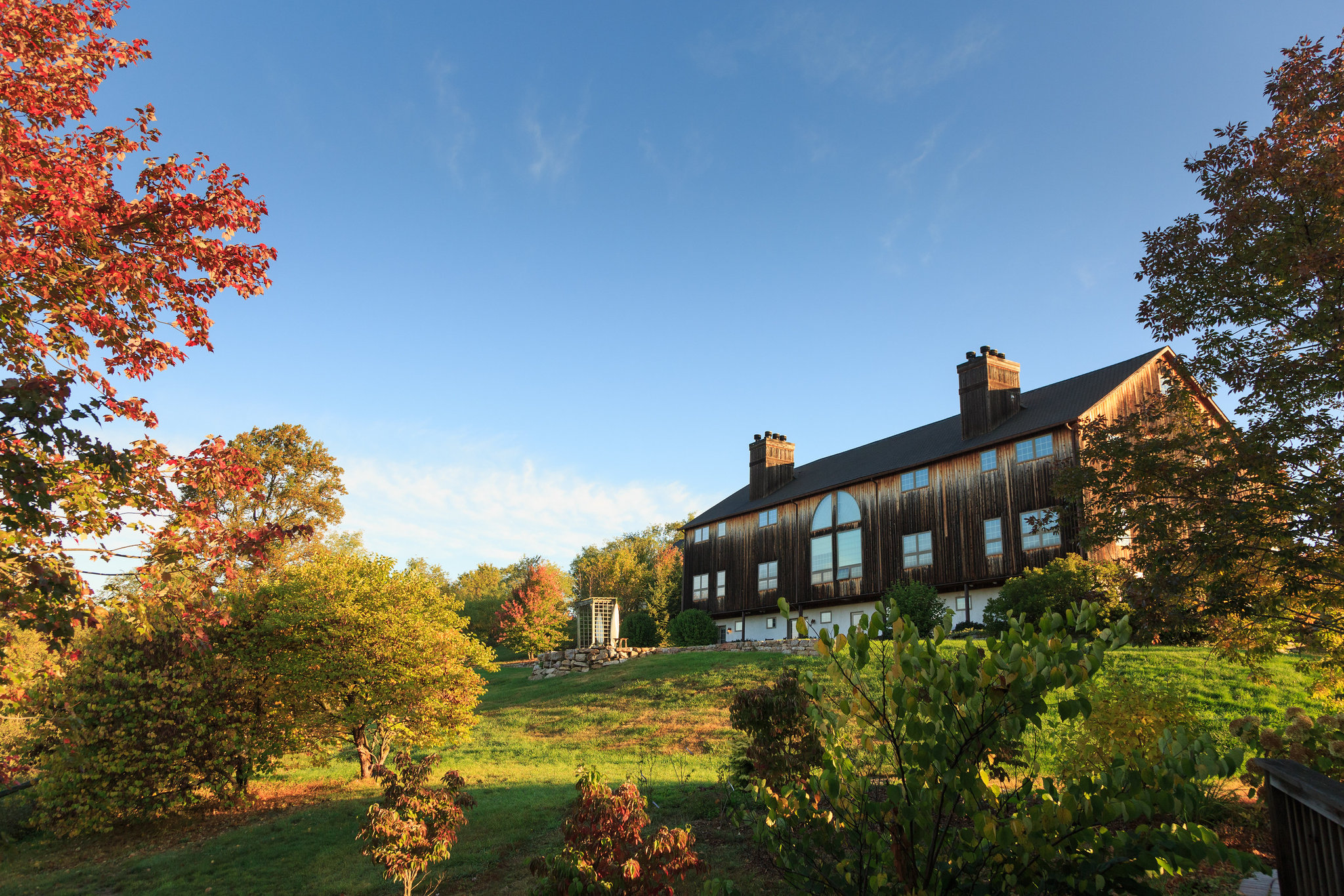 House in field surrounded by trees